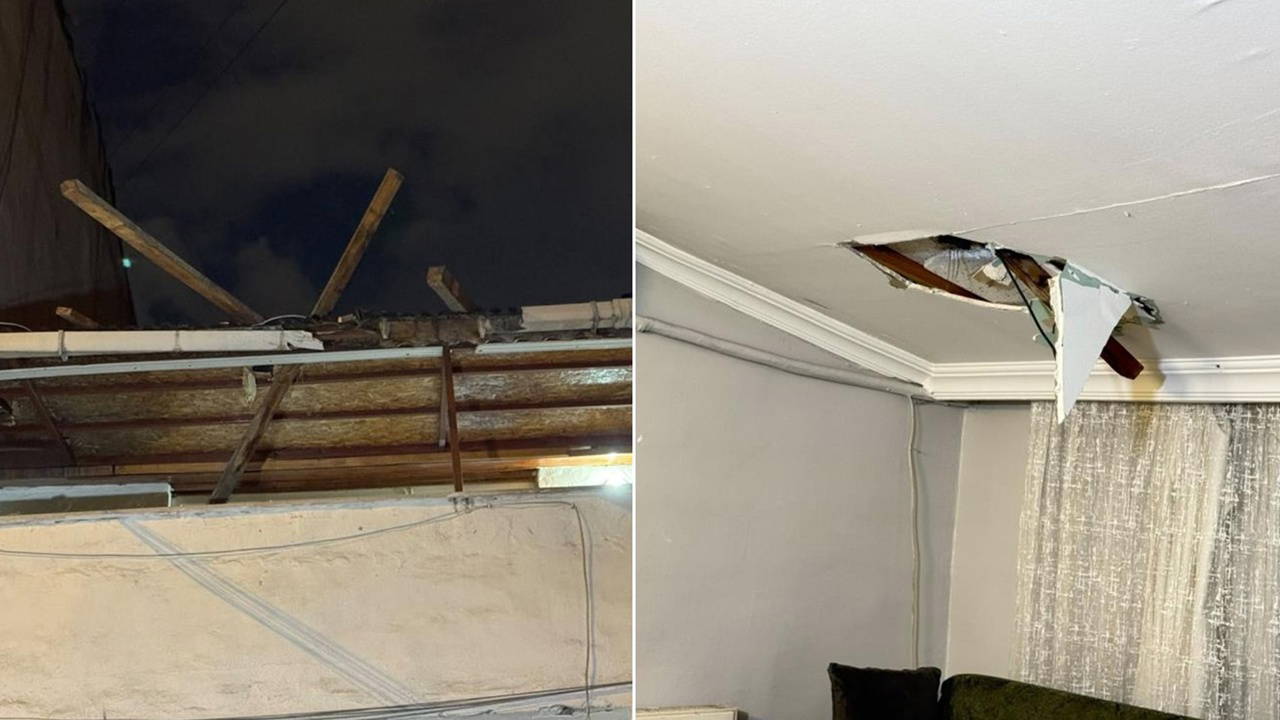 Fırtınada çatı parçaları koptu, karşı binaya saplandı: Son anda kurtuldular
