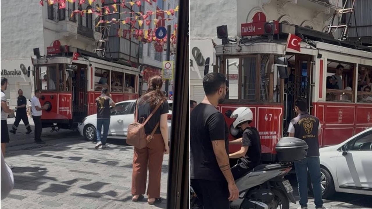 Fren yerine gaza bastı... Taksim'de otomobil tramvaya çarptı!