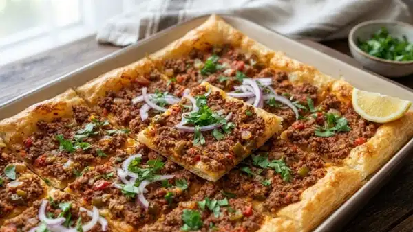 Akşam yemeğine pratik ve çıtır çıtır lezzet: Tepsi lahmacun tarifi