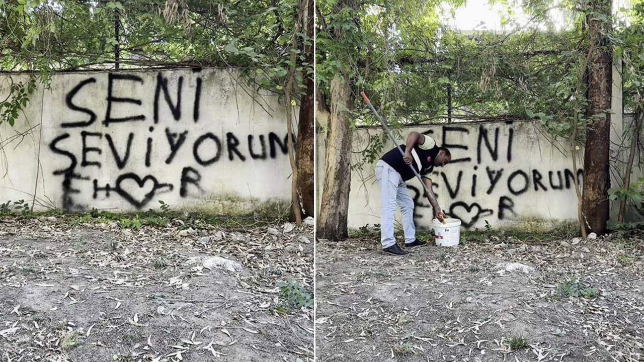 Duvara 'seni seviyorum' yazan yurttaşa belediye personelinden yanıt: 'Git konuş bence...'