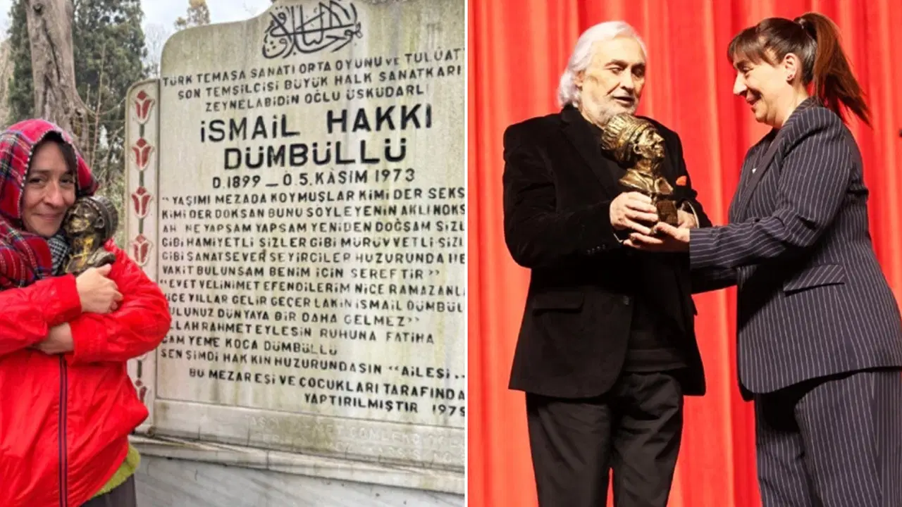 Binnur Kaya ödülünü alır almaz İsmail Dümbüllü’nün kabrini ziyaret etti