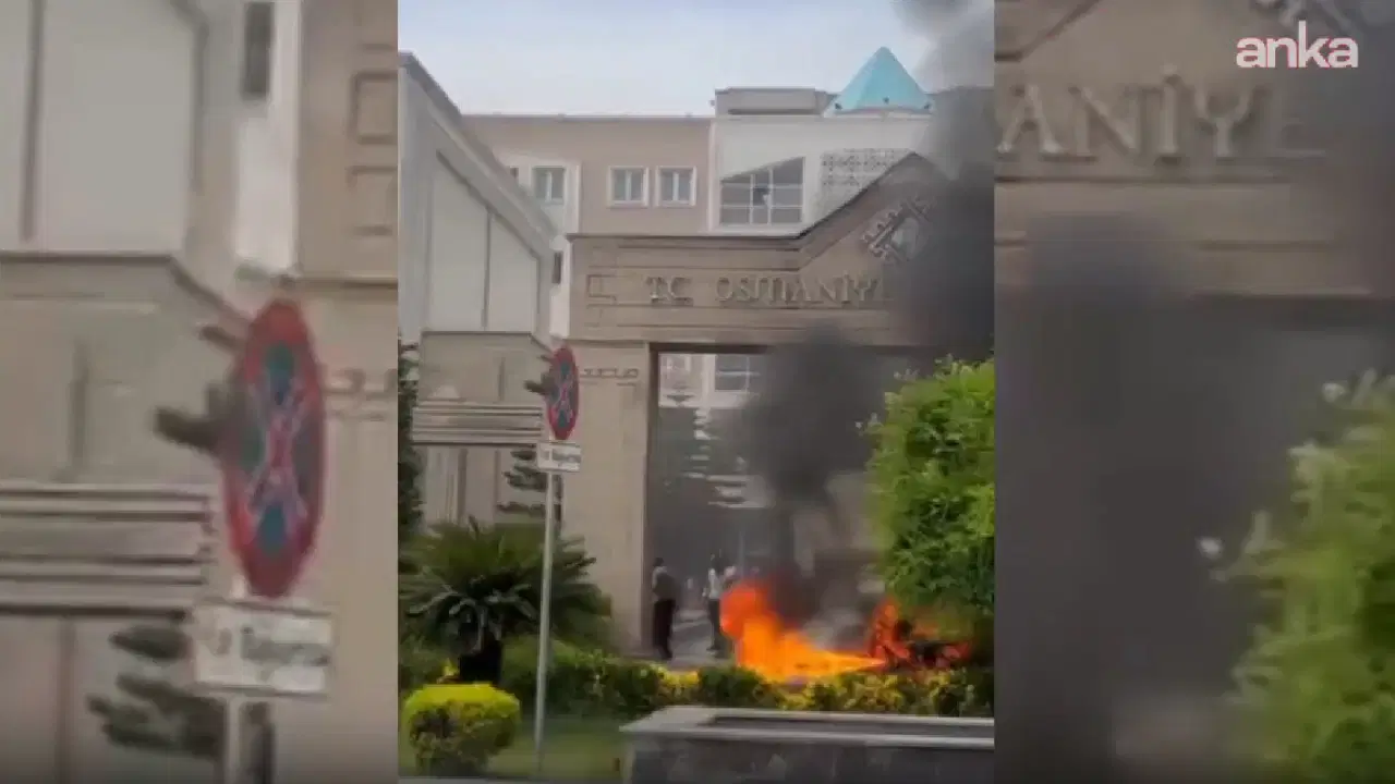 Osmaniye Belediyesi önünde motosikletini yaktı