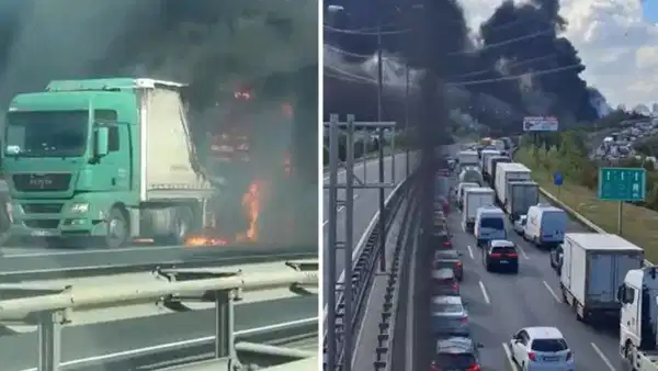 Bahçeşehir TEM Otoyolu'nda TIR yangını: Edirne istikameti trafiğe kapatıldı