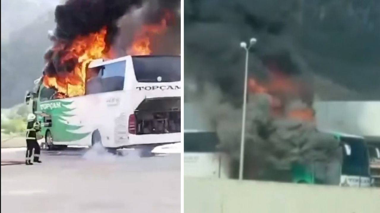 Terminalde yolcu otobüsü alev alev yandı