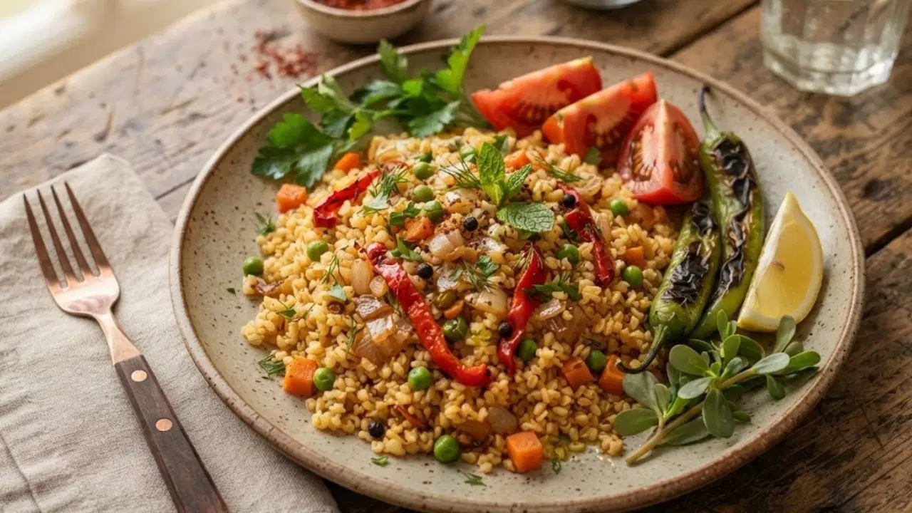 Tane tane, kokulu sebzeli bulgur pilavı tarifi.