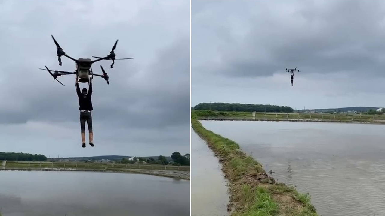 Çeltik tarlasında bir garip yolculuk: Drona asılıp uçtu