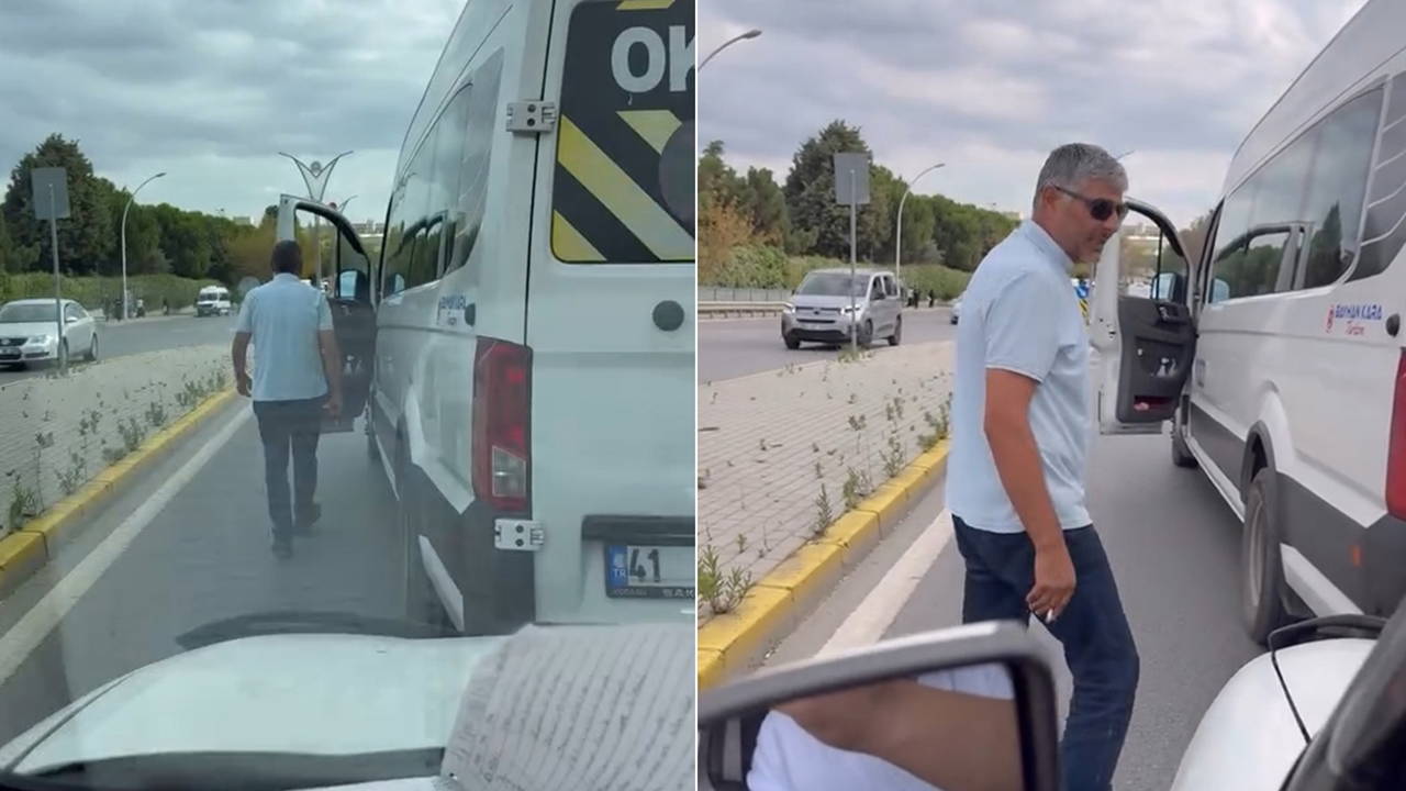 Okul servis şoförü, önünü kestiği sürücüyü tehdit etti