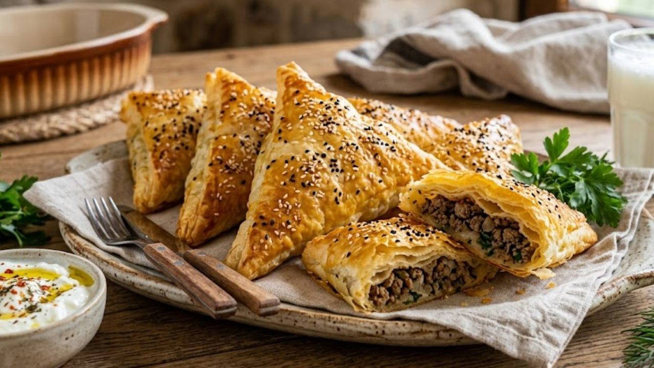 Hazır yufkayla dakikalar içinde sofrada: Çıtır çıtır kıymalı üçgen börek tarifi.
