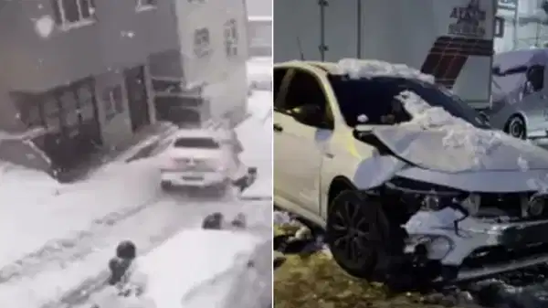 Araç kartopu oynayanlara çarptı: 2 çocuk yaralandı! Kaza anı kamerada