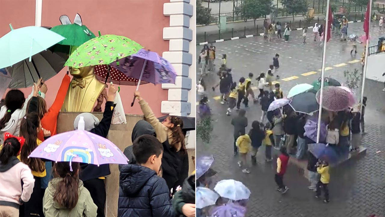 Öğrenciler yağmur altında Atatürk büstünü şemsiyeyle korudu