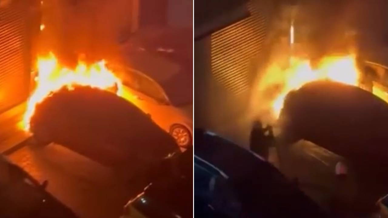 Kadıköy'de aydınlatma direğinden damlayan plastikler 2 otomobilde yangına neden oldu