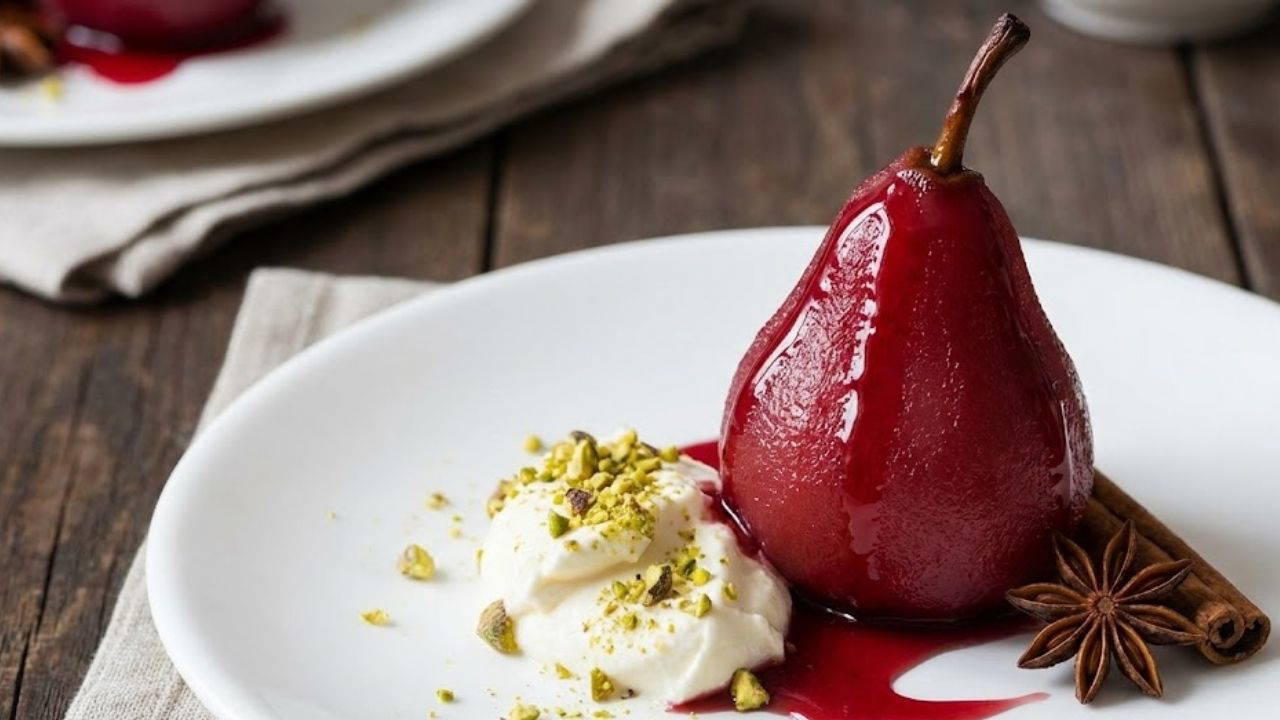 Tabaklarda bir yakut gibi parlayan: Hibiskus ve baharatlarla kırmızı poşe armut...