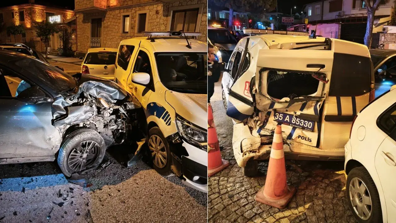 İzmir'de bir otomobil, polis aracına çarptı: Sürücü polis merkezine götürüldü