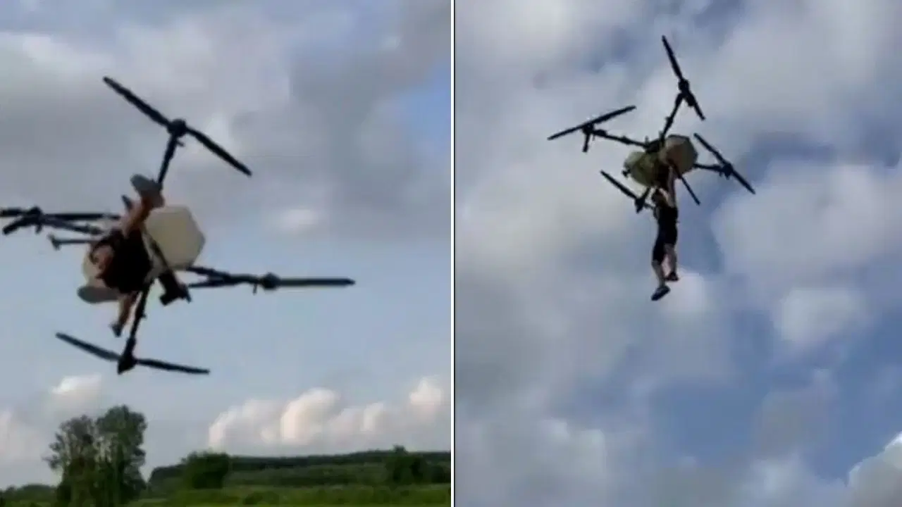 Tarım dronuna tutunan çiftçi yere düştü: O anlar anbean kaydedildi